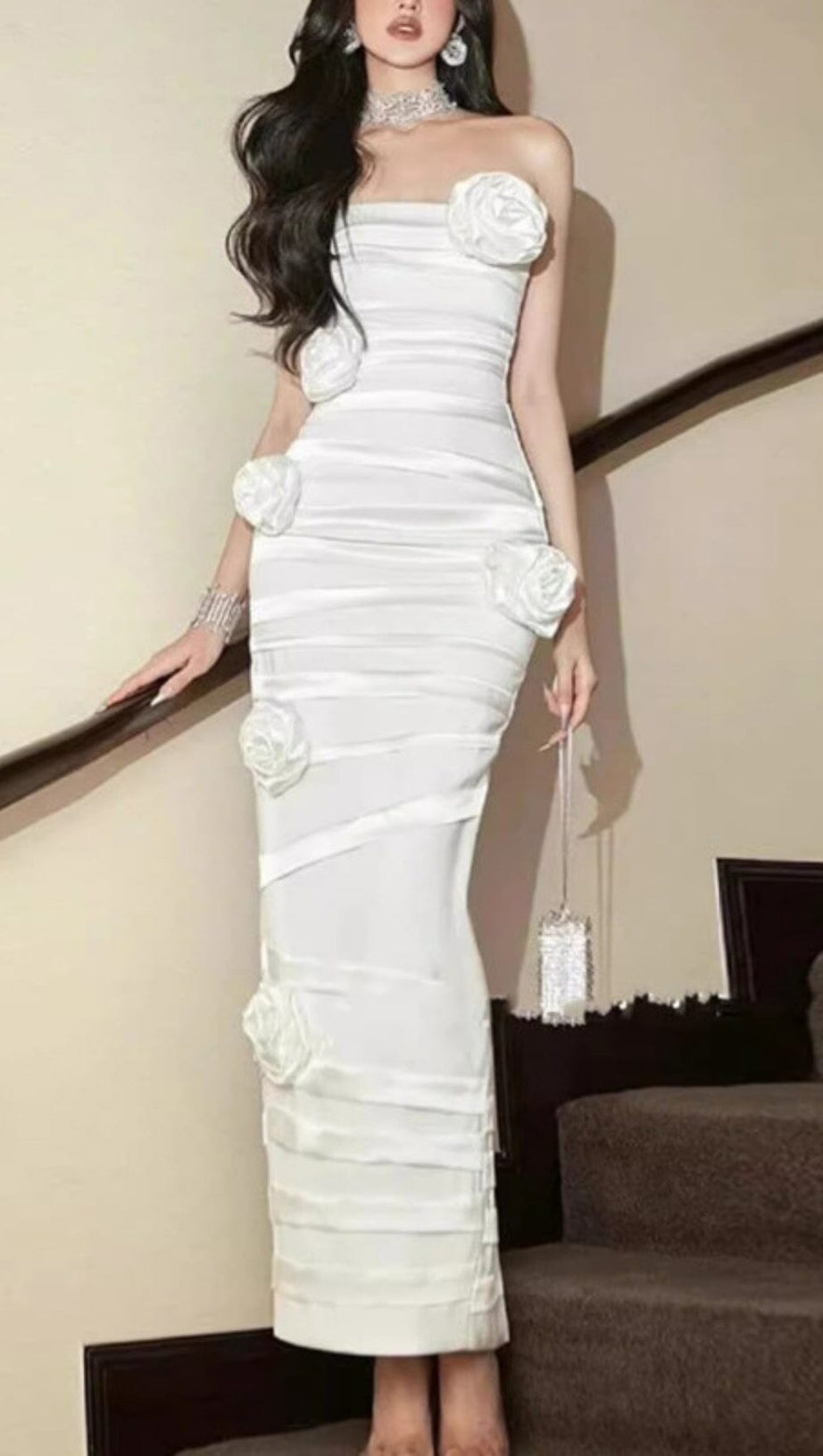 WHITE STRAPLESS FLOWER MIDI DRESS