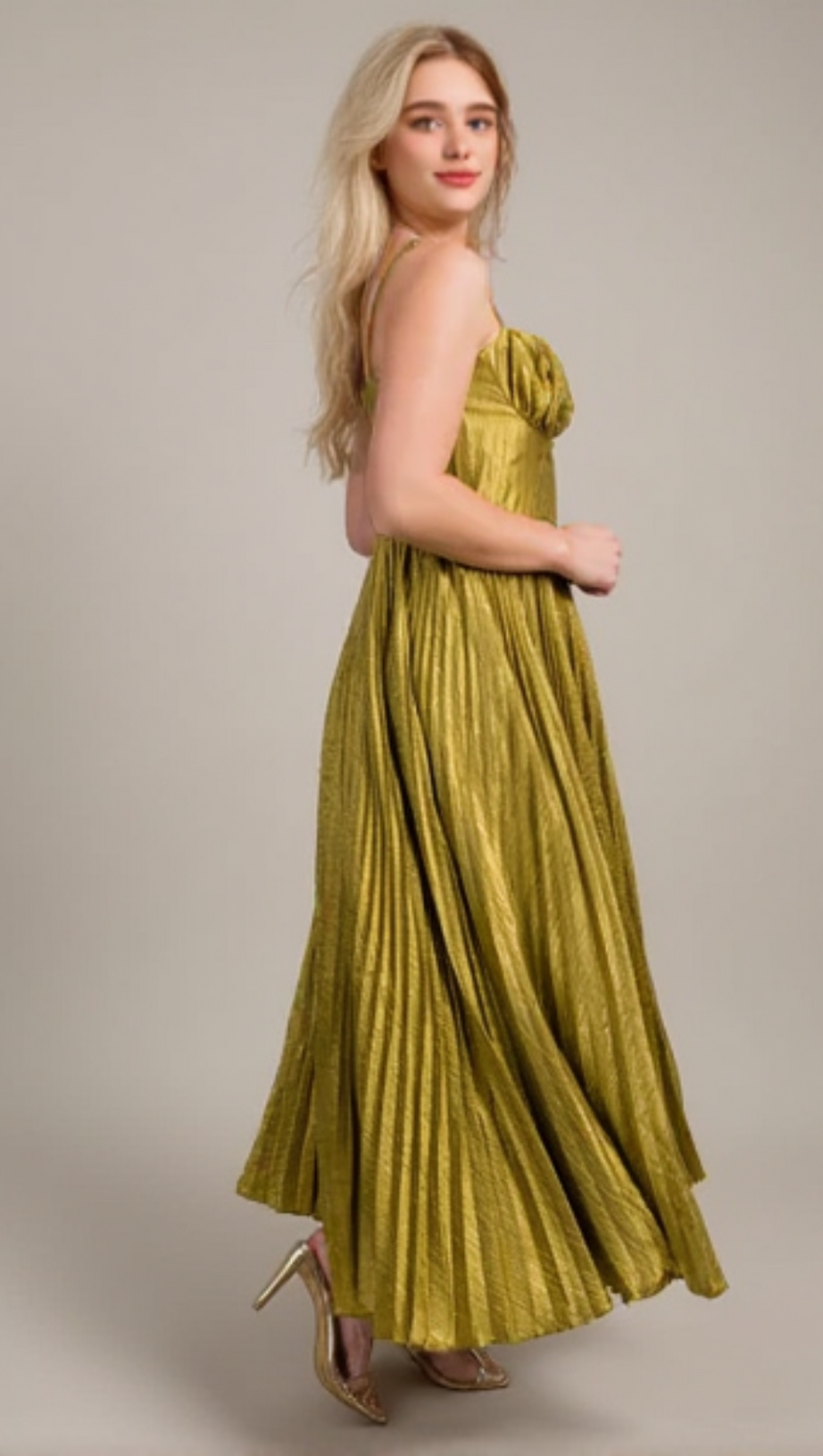 CHARTREUSE SATIN PLEATED MIDI DRESS