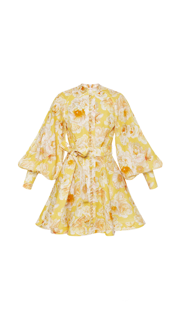 AIIZIE MONICA LANTERN SLEEVE FLORAL PRINT YELLOW MINI DRESS - product image