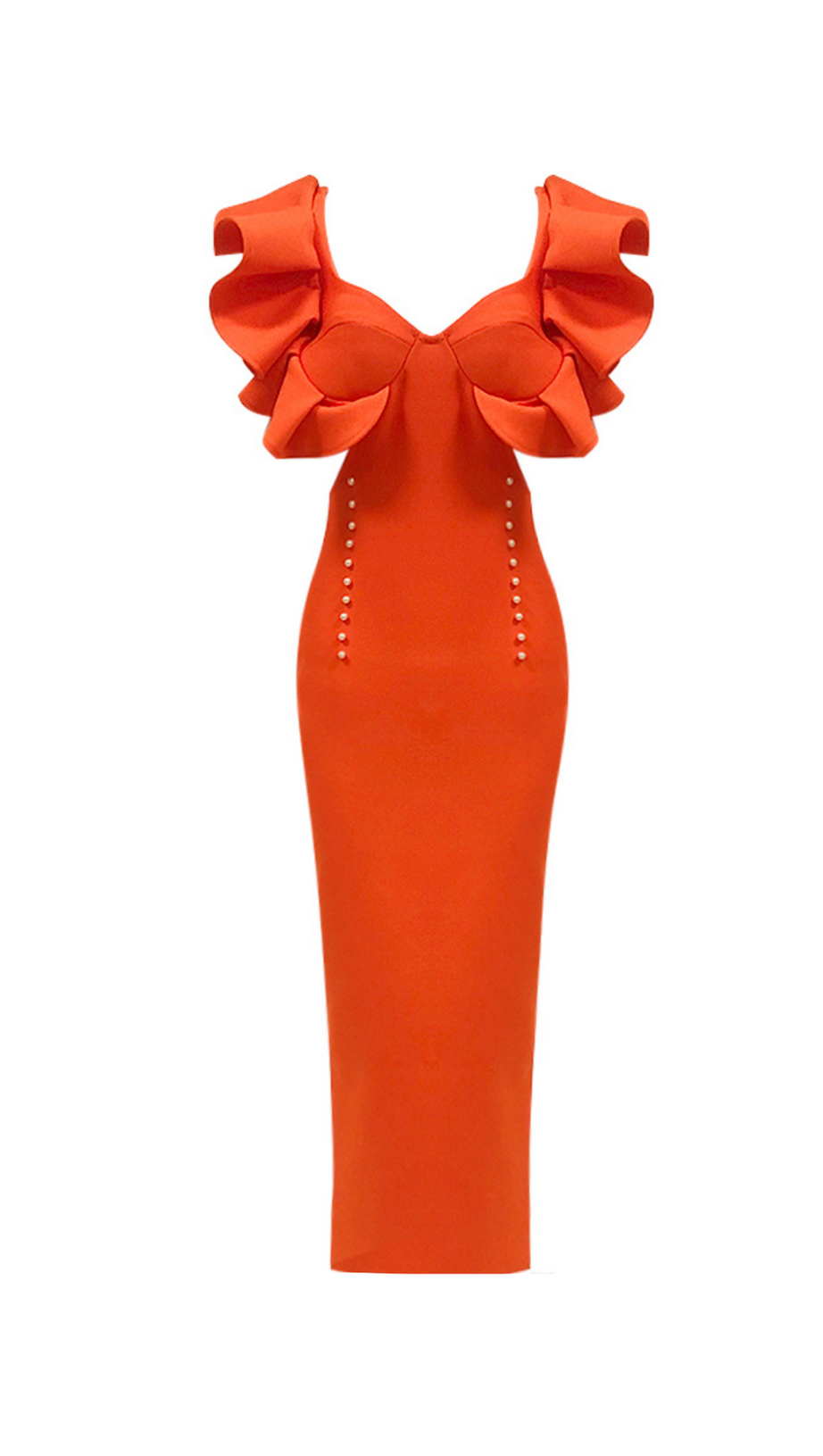 TOBEY ORANGE PEARL EMBELLISHED RUFFLE TRIM NECK MIDI DRESS