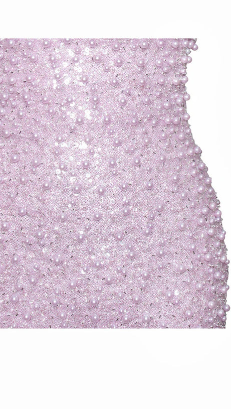 PINK SATIN SEQUIN PEARLS BEADED MAXI DRESS