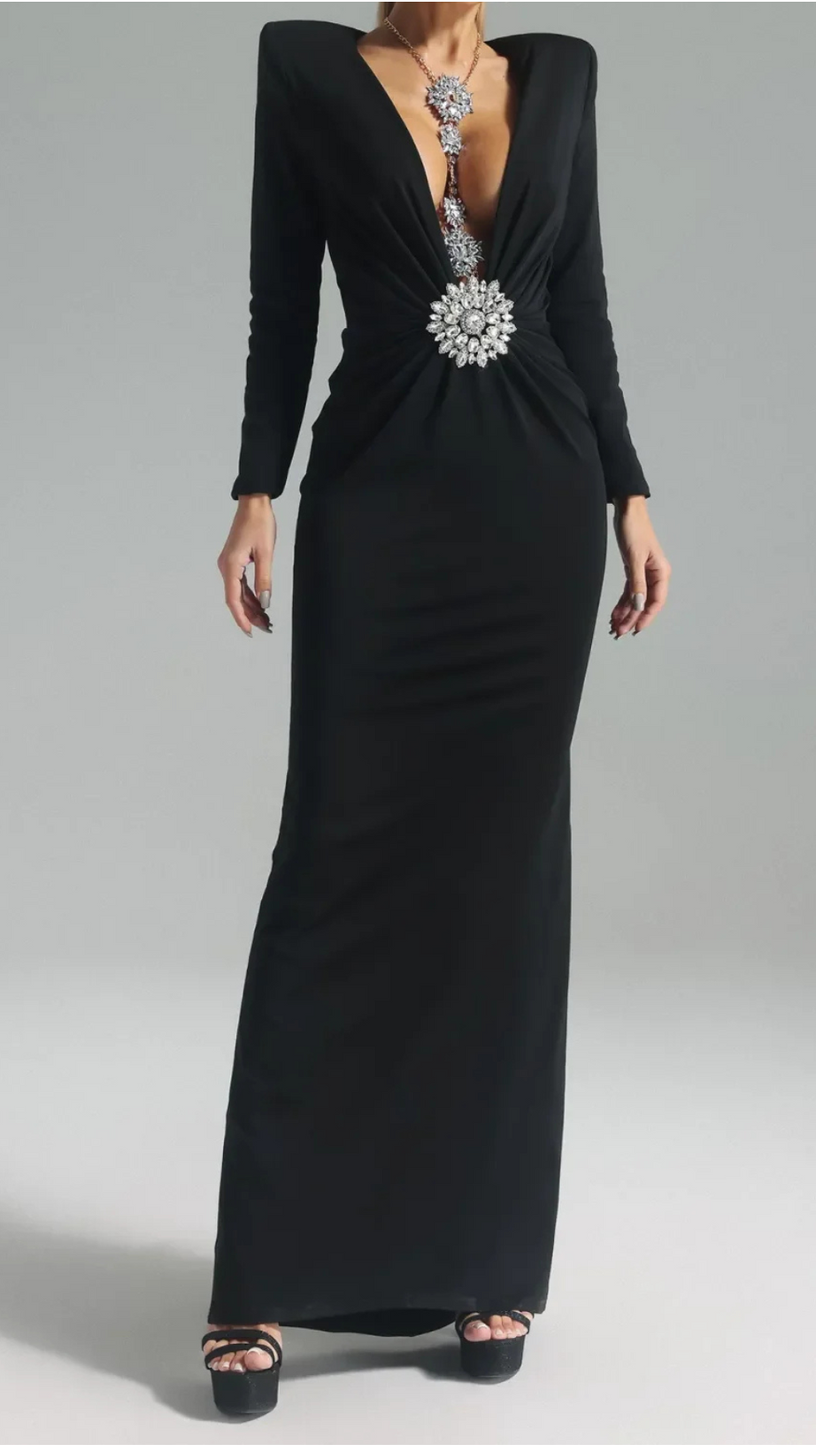 BERNICE LONG SLEEVE DRAPED EMBELLISHED MAXI DRESS IN BLACK