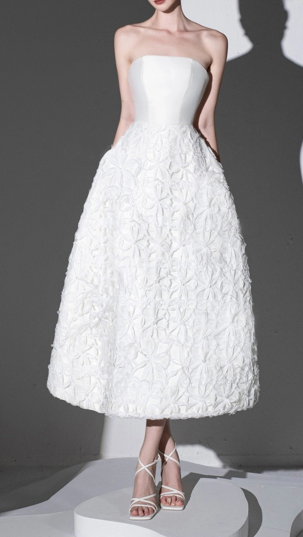 AIIZIE WHITE FLORAL EMBELLISHED STRAPLESS MIDI DRESS - product image