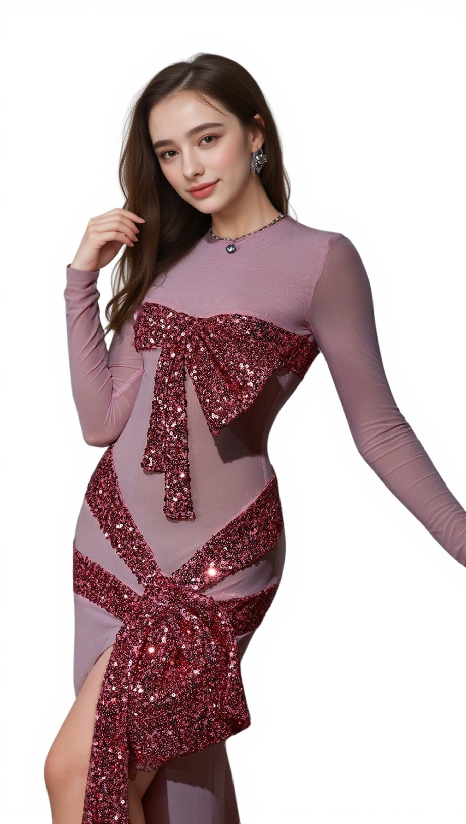 ARLENE ZACHARY LONG SLEEVE BOW SEQUIN DRESS