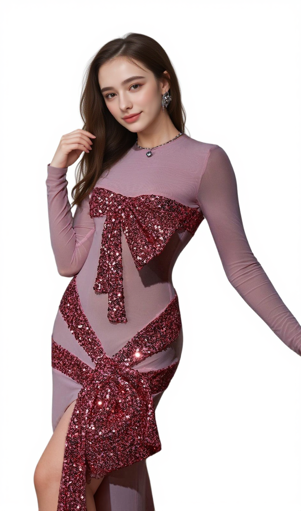 ARLENE ZACHARY LONG SLEEVE BOW SEQUIN DRESS