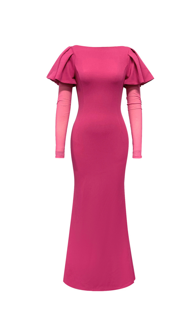 AIIZIE HILDA RUFFLE TRIM SLEEVE BODYCON MAXI DRESS IN ROSE RED - product image