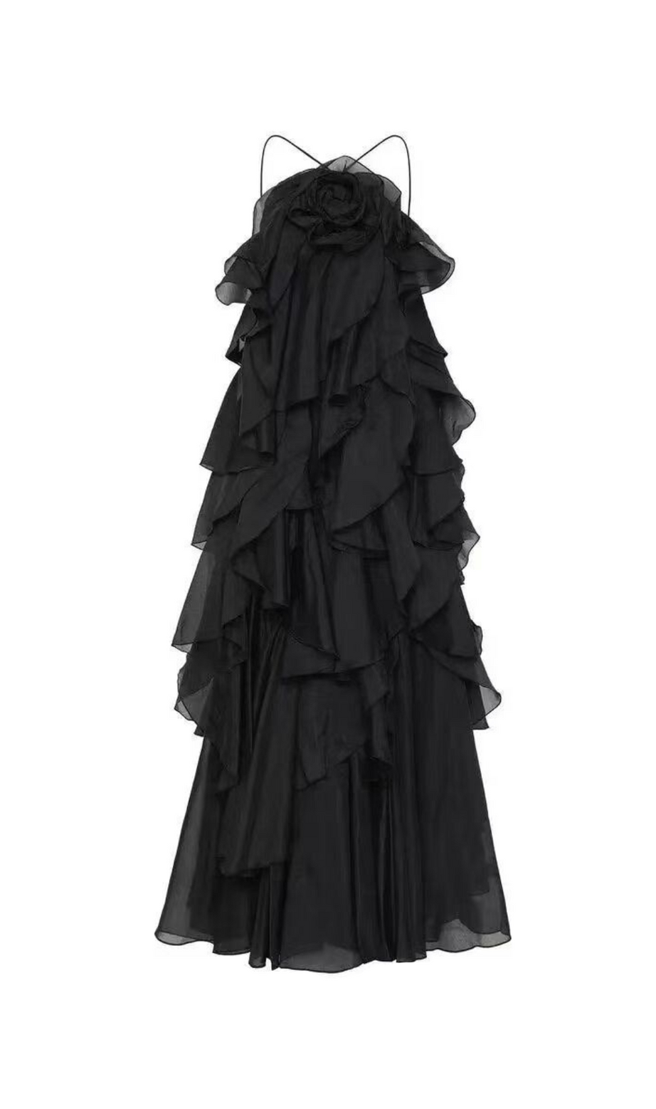 abito lungo con balze e scollo all'americana in nero