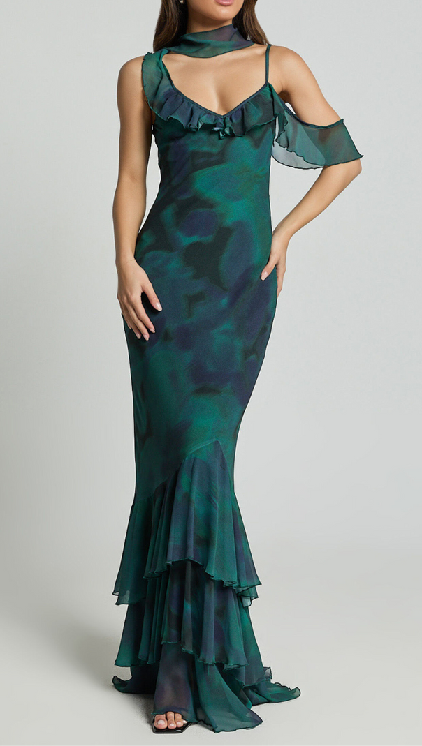 AIIZIE ASYMMETRIC RUFFLE DETAIL MAXI DRESS IN MOSS ADEANA - product image