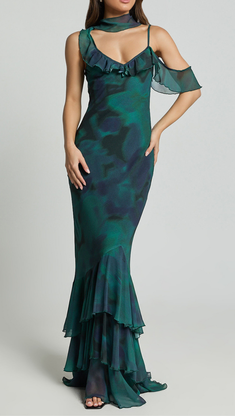 ASYMMETRIC RUFFLE DETAIL MAXI DRESS IN MOSS ADEANA