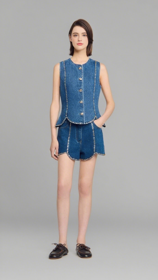 AIIZIE RHINESTONE DENIM TOP IN BLUE - product image