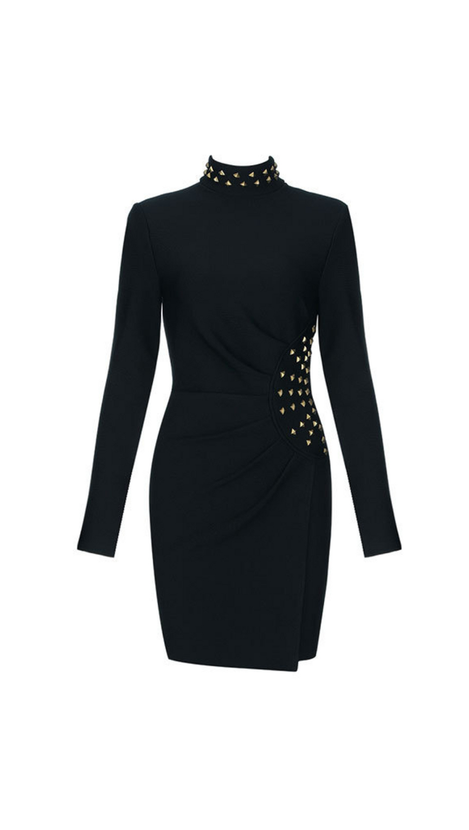 METAL EMBELLISHED PLEATED BLACK MINI DRESS