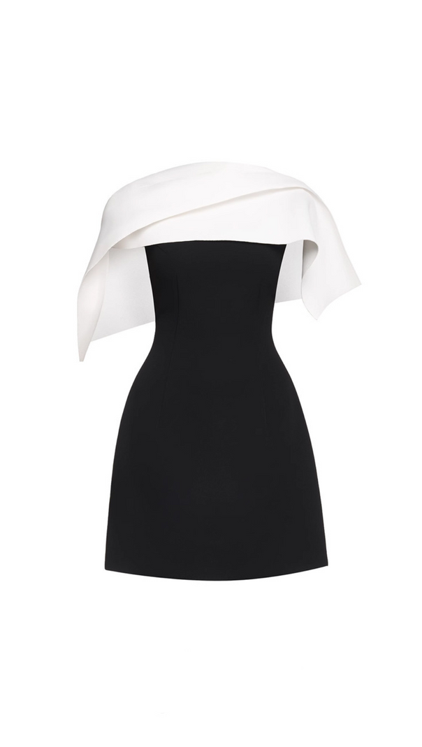 AIIZIE A-LINE BLACK MINI DRESS WITH ASYMMETRICAL SHOULDER PLEAT - product image