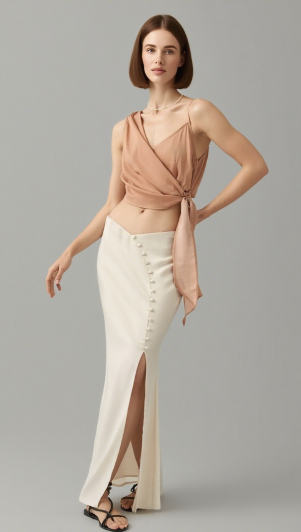 AIIZIE CURVE MATTE SATIN BUTTONED MAXI SKIRT - product image