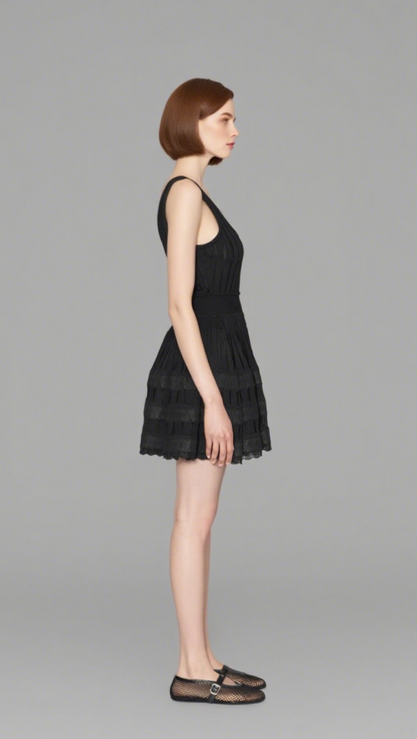 AIIZIE RIBBED POINTELLE KNIT MINI DRESS IN BLACK - product image