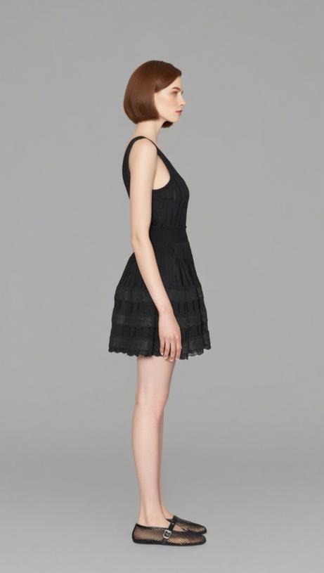 RIBBED POINTELLE KNIT MINI DRESS IN BLACK