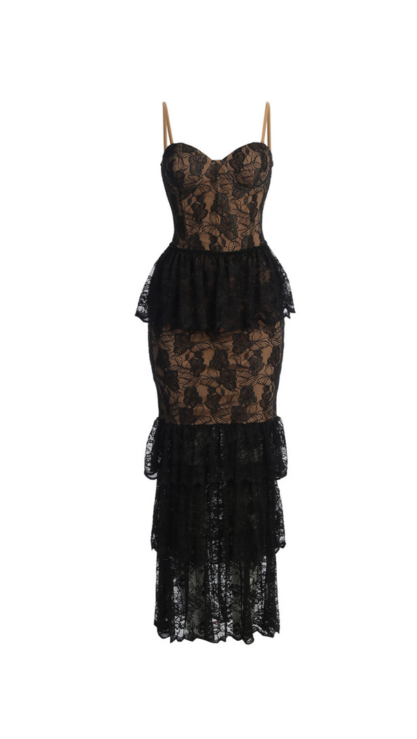 AIIZIE CARLIN LAYER LACE MAXI DRESS IN BLACK - product image