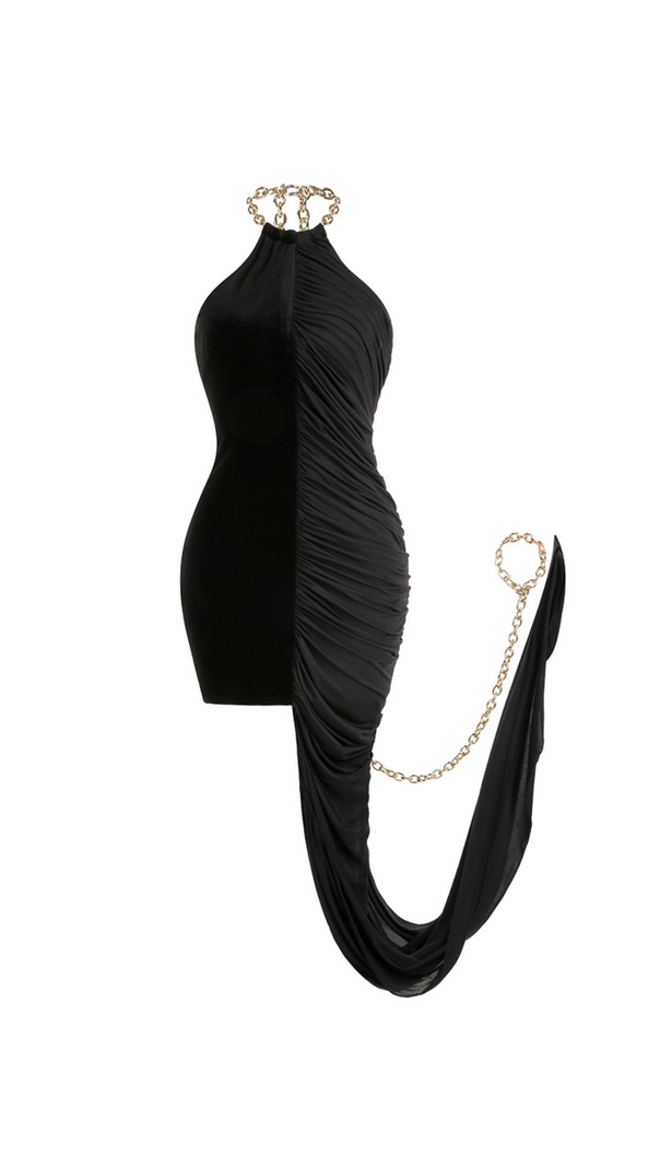 AIIZIE ADITI METALLIC HALTER RUCHED BLACK BODYCON MINI DRESS - product image