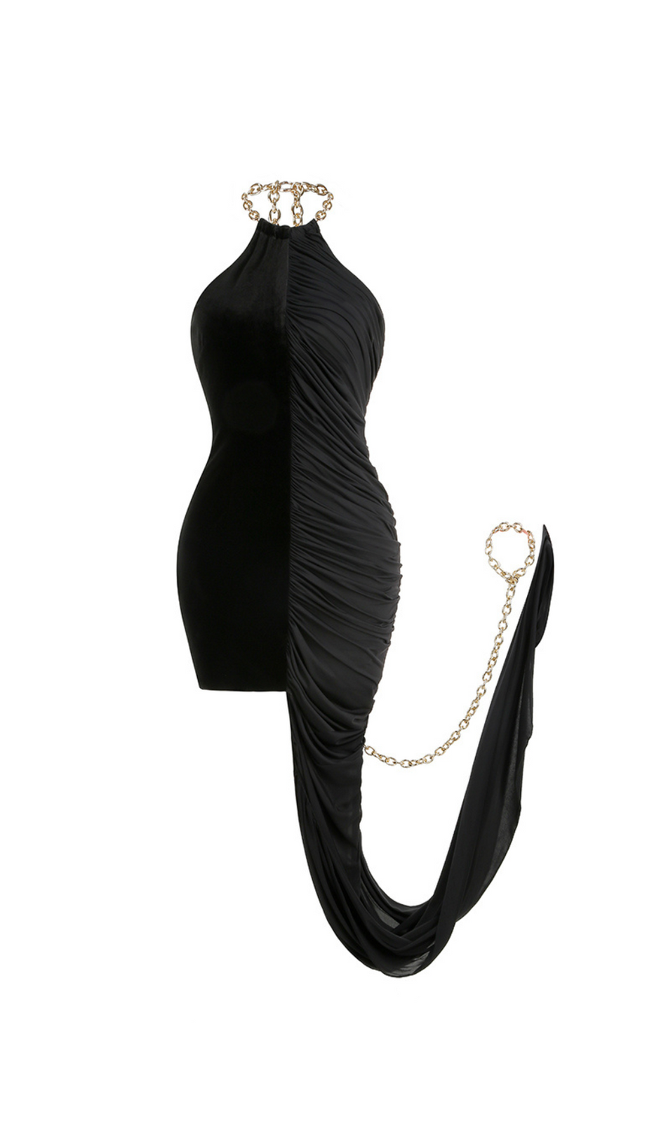 ADITI METALLIC HALTER RUCHED BLACK BODYCON MINI DRESS