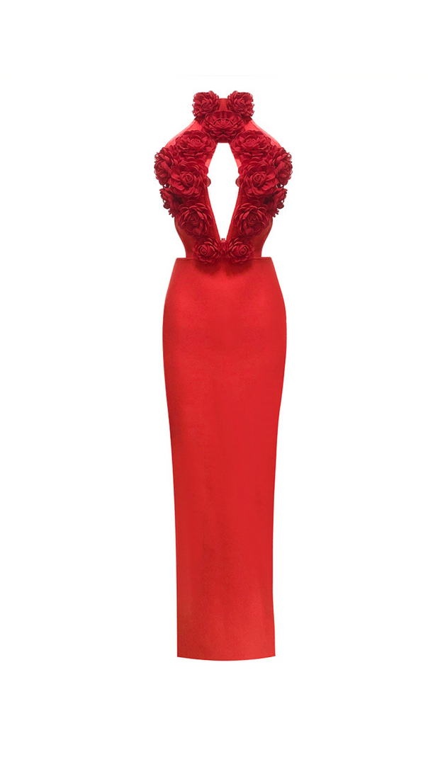 AIIZIE HALTER 3D FLOWER HOLLOW OUT BACKLESS MAXI DRESS IN RED - product image