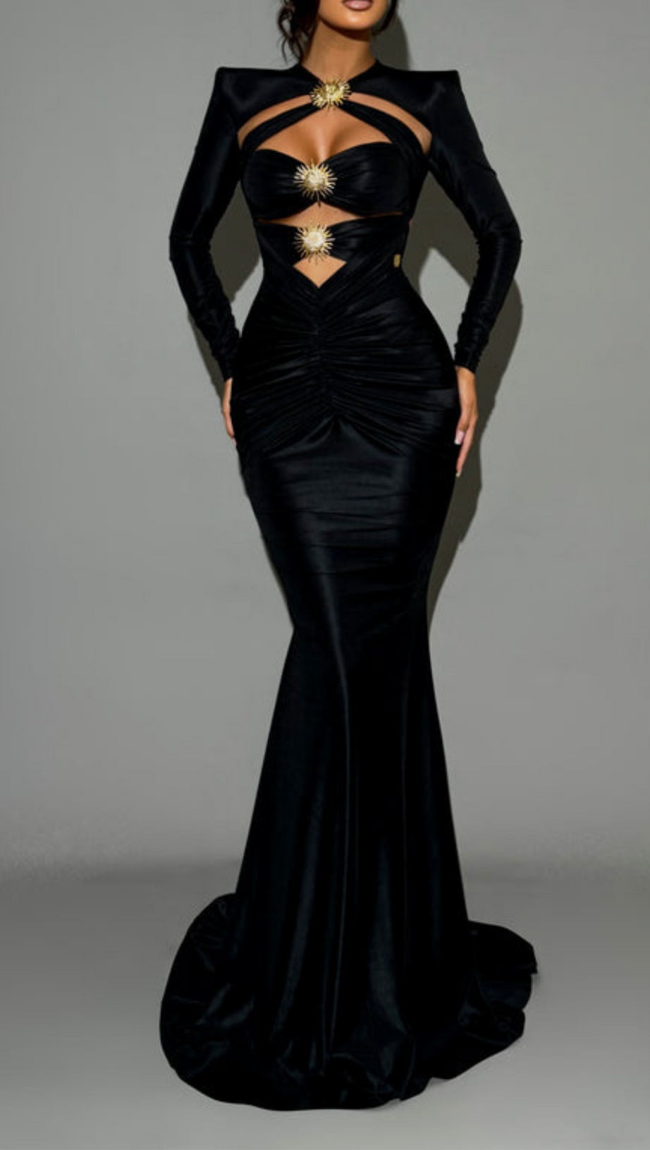 METAL EMBELLISHED HOLLOW MAXI DRESS IN BLACK