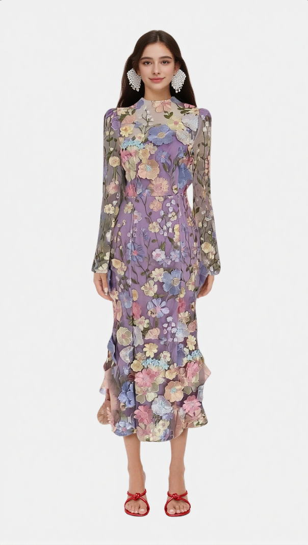 AIIZIE LONG SLEEVE EMBROIDERED MIDI DRESS IN PURPLE - product image
