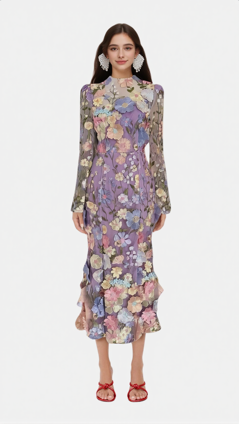 LONG SLEEVE EMBROIDERED MIDI DRESS IN PURPLE