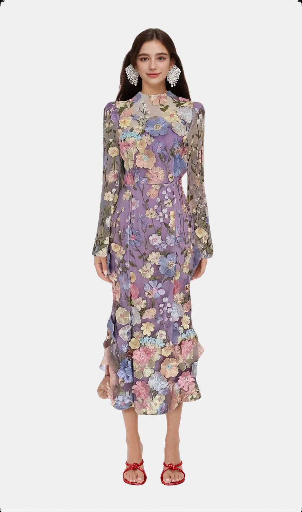 LONG SLEEVE EMBROIDERED MIDI DRESS IN PURPLE