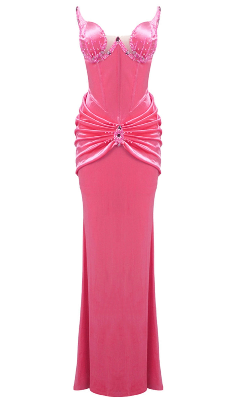 Strapless Crystal Bustier Draped Maxi Dress Pink