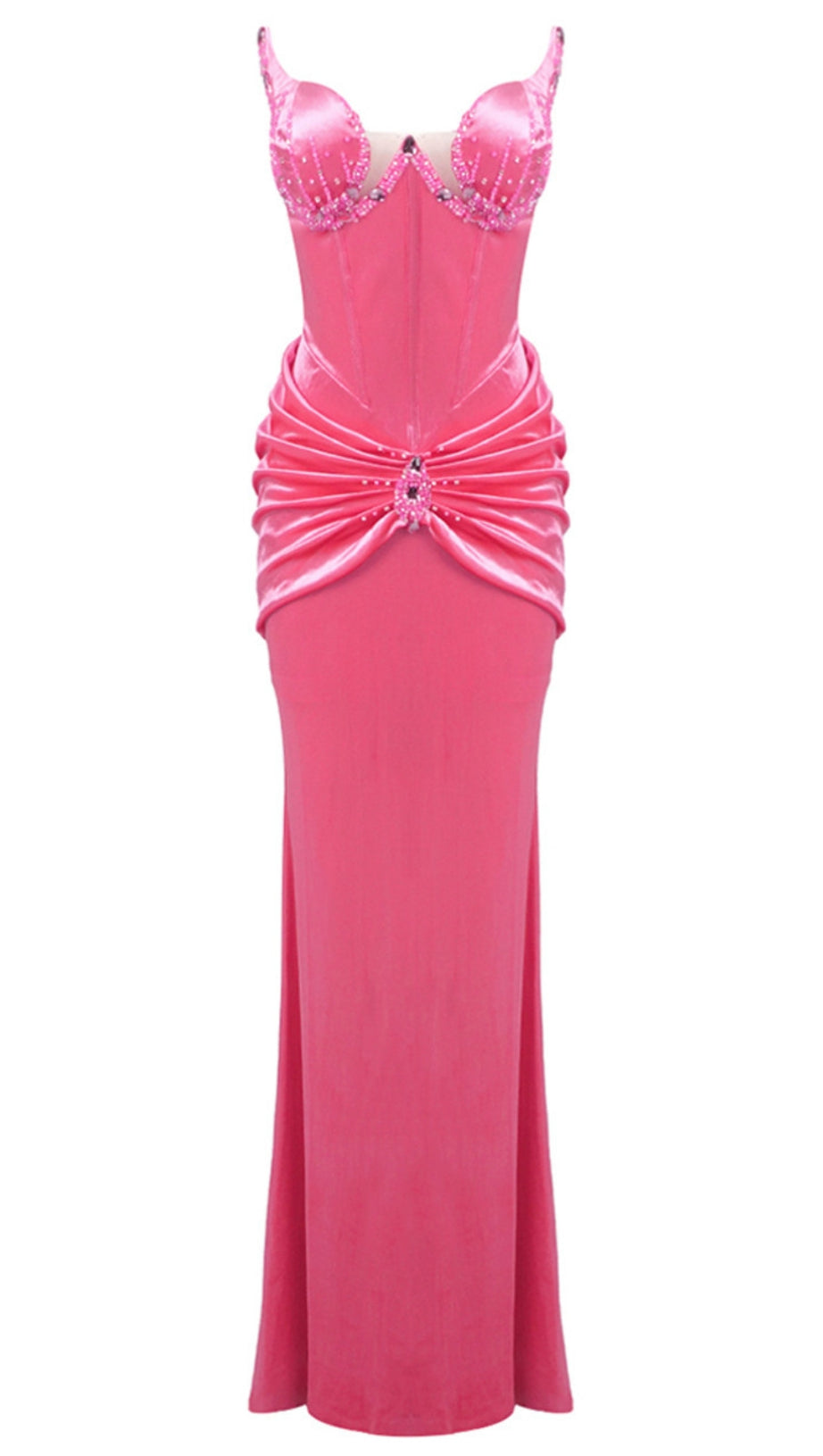 ABITO LUNGO DRAPPEGGIATO CON BUSTIER E CRISTALLI SENZA SPALLINE ROSA