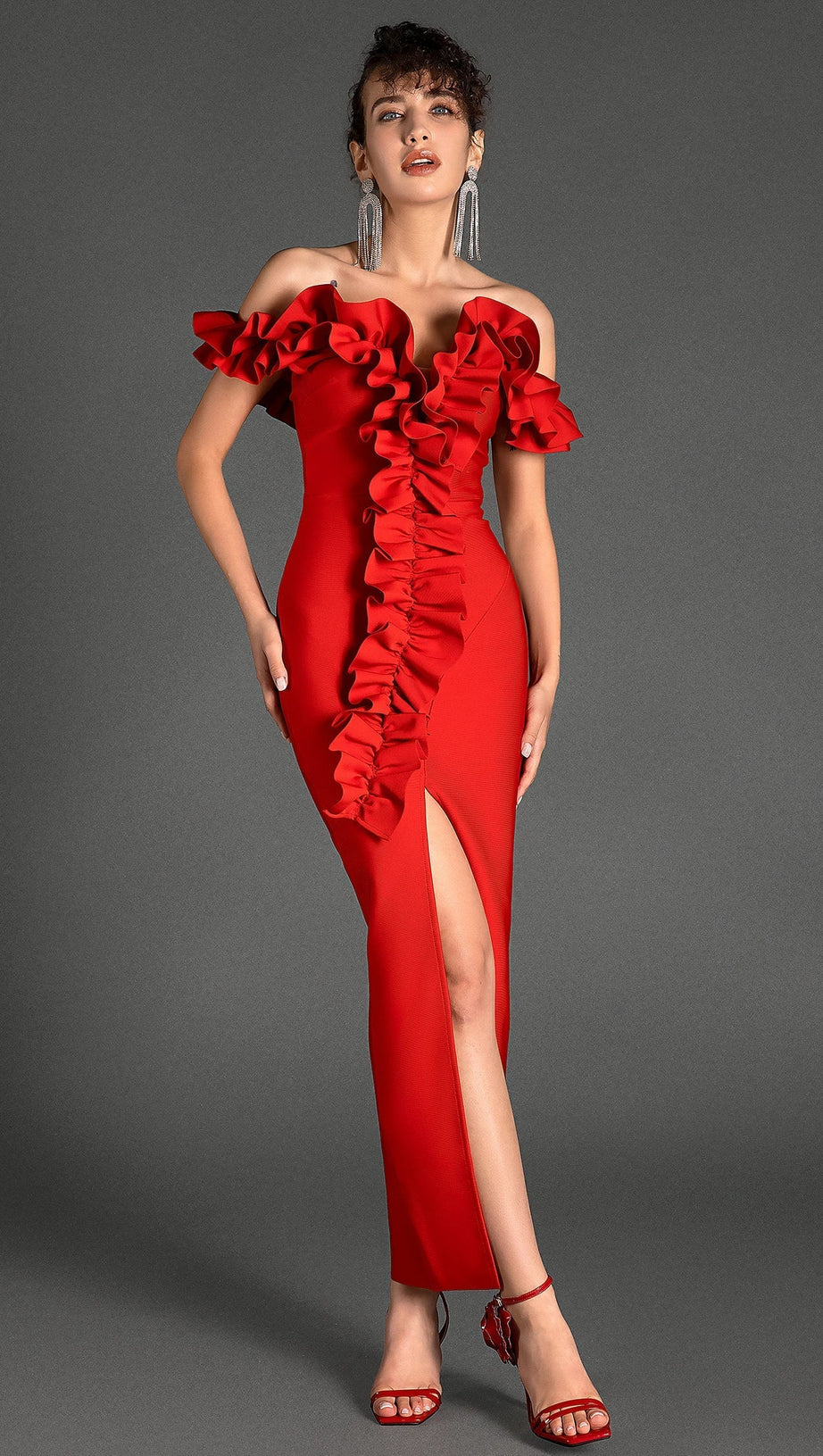 Ioulitta Bandage-Kleid mit Rüschen und hohem Schlitz