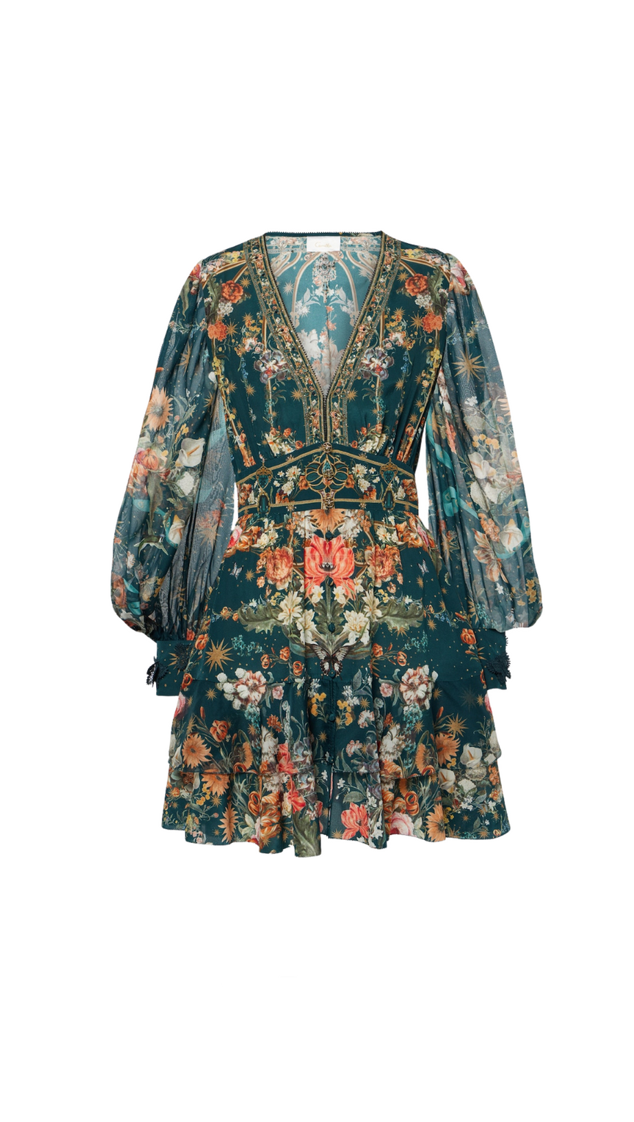 SHIRLEY EMBELLISHED FLORAL SILK CRÊPE MINI DRESS