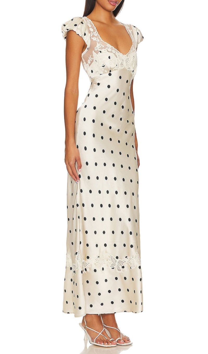 BUTTERFLY EMBELLISHED POLKA DOT CUTOUT MAXI DRESS