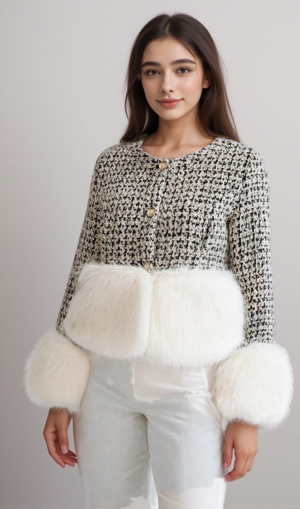 Tweedjacke mit Kunstpelz-Akzenten