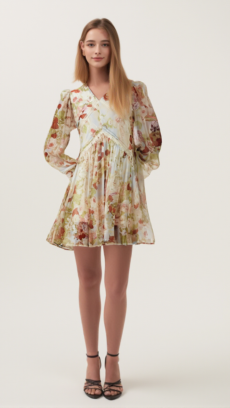 AILIS FLORAL-PRINT LACE-DETAIL MINI DRESS