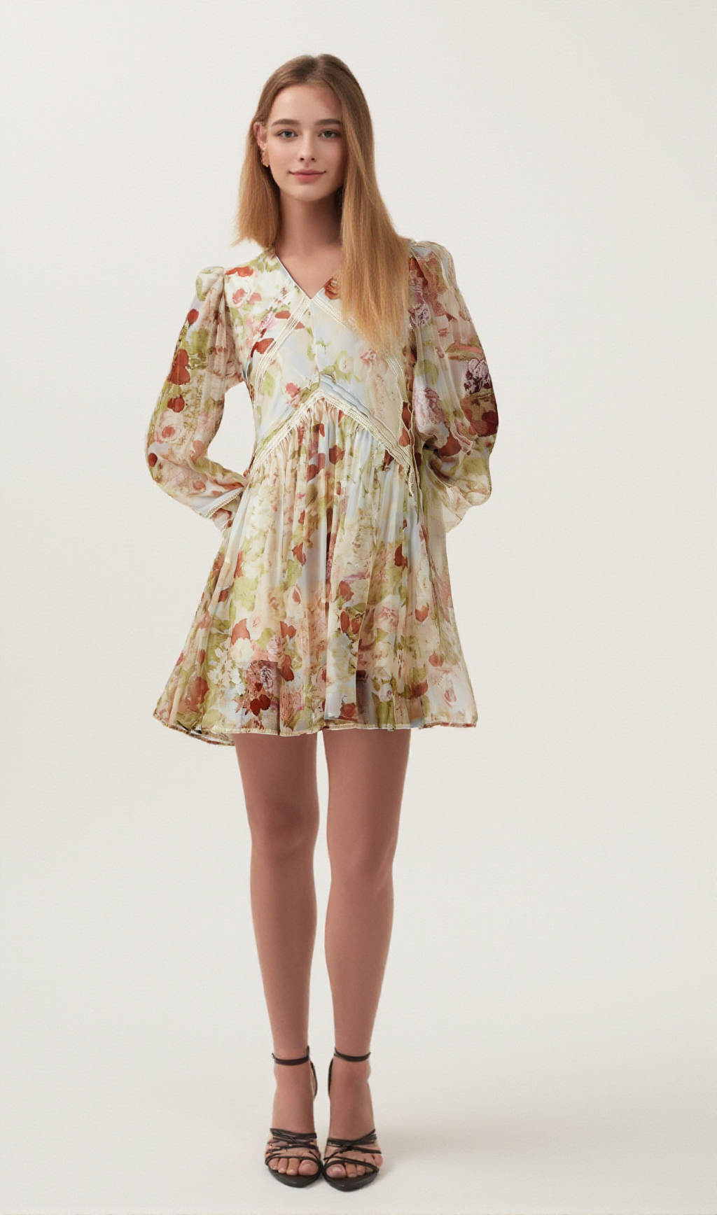 AILIS FLORAL-PRINT LACE-DETAIL MINI DRESS