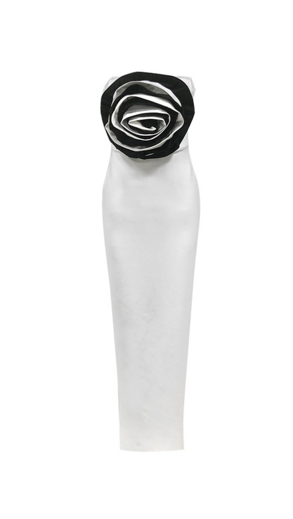 AIIZIE ELLEN 3D FLOWER STRAPLESS BODYCON MAXI DRESS IN WHITE - product image