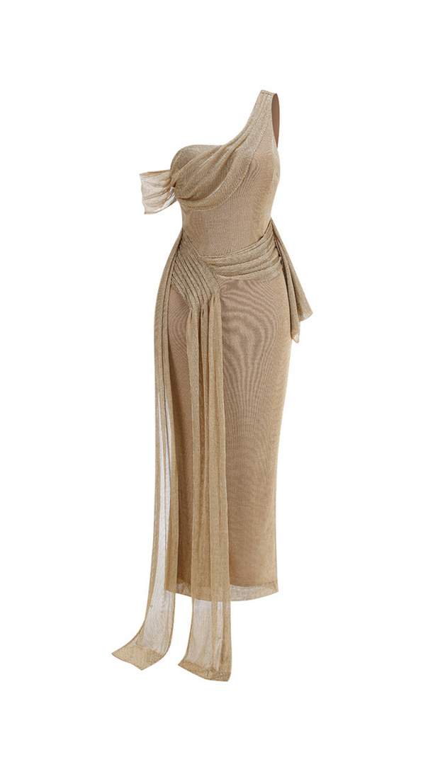 AIIZIE ONE-SHOULDER DRAPED BODYCON MAXI DRESS IN KHAKI - product image