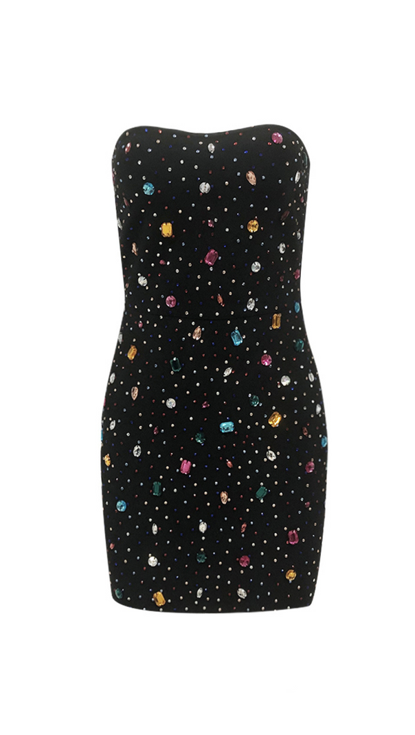 AIIZIE MULTICOLOR-CRYSTAL EMBELLISHED BLACK STRAPLESS MINI DRESS - product image