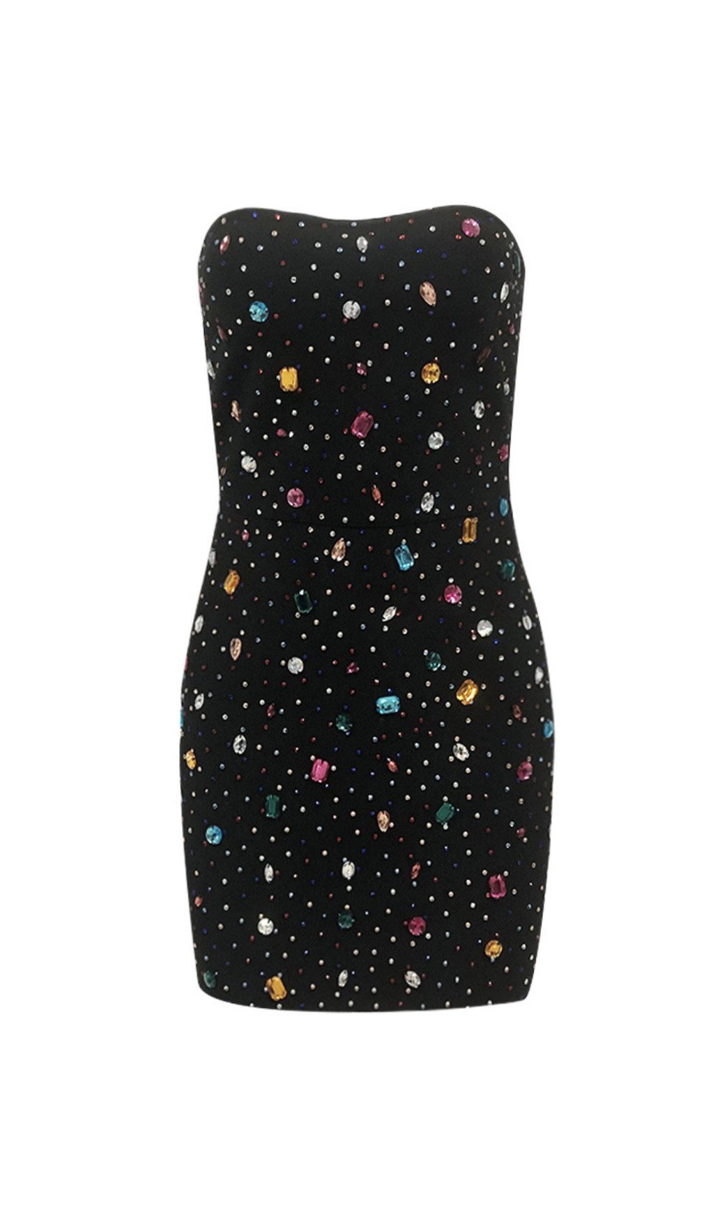 MULTICOLOR-CRYSTAL EMBELLISHED BLACK STRAPLESS MINI DRESS