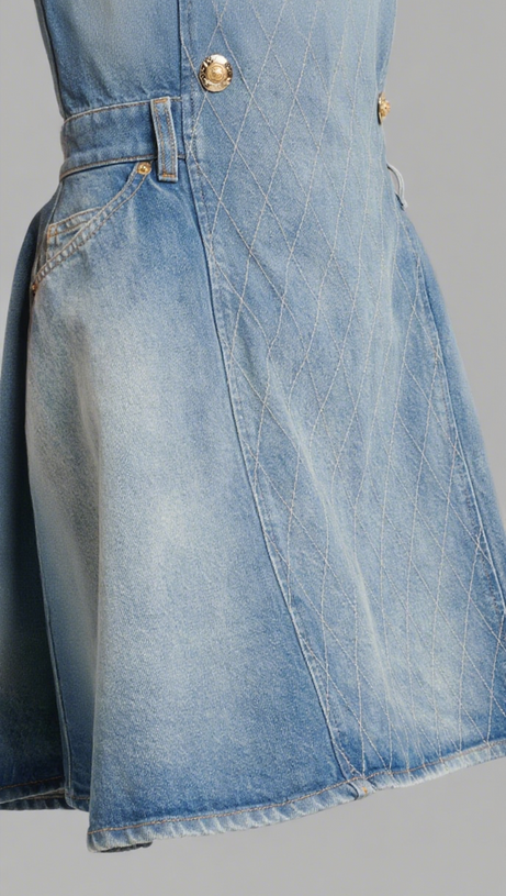 DENIM SLEEVELESS FLARED MINI DRESS