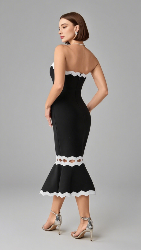 FISHTAIL LACE SLIT TUBE TOP MIDI DRESS IN BLACK