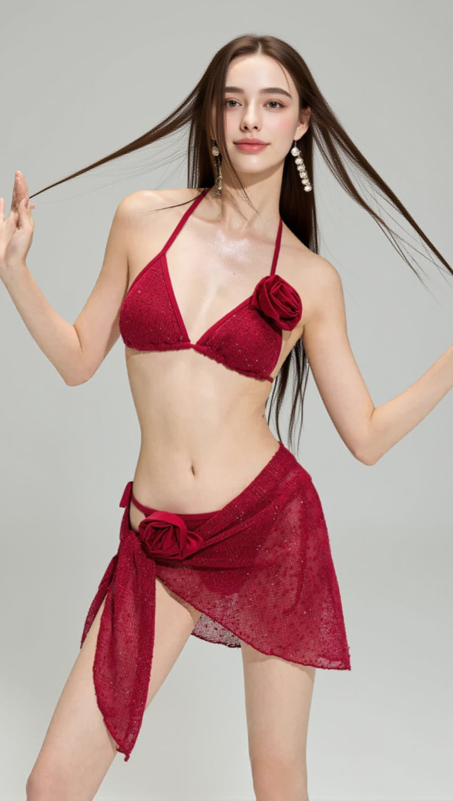 DARINA RED FLOWER SEQUIN THREE-PIECE SWIMSUIT