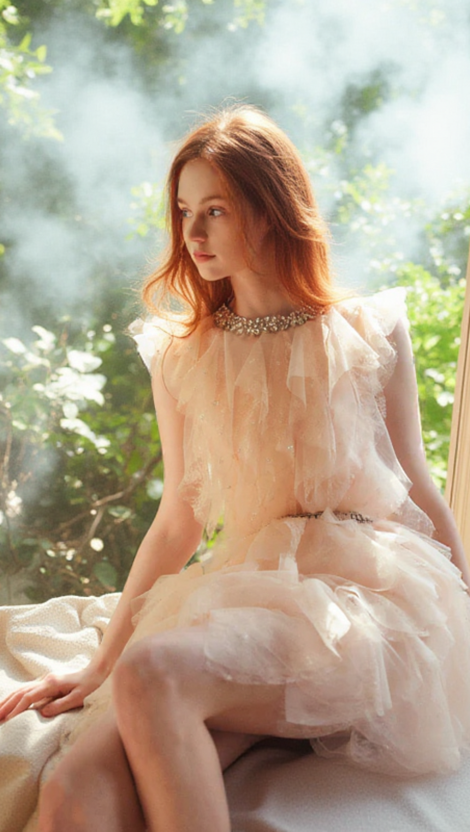 CRYSTAL EMBELLISHED RUFFLE MINI DRESS IN PALE PINK