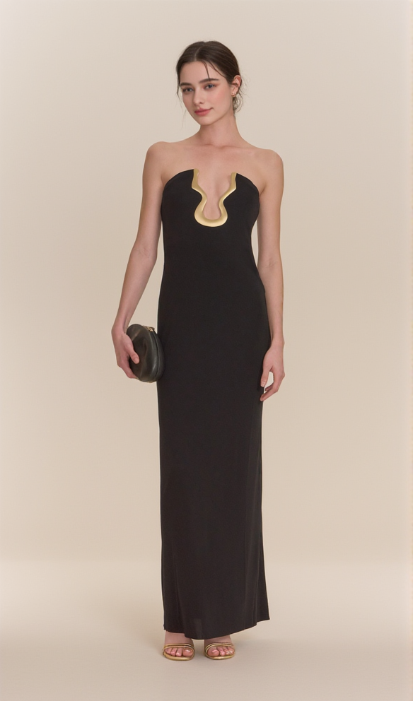 SIGNATURE GOLD HARDWARE CUTOUT STRAPLESS COLUMN GOWN IN BLACK