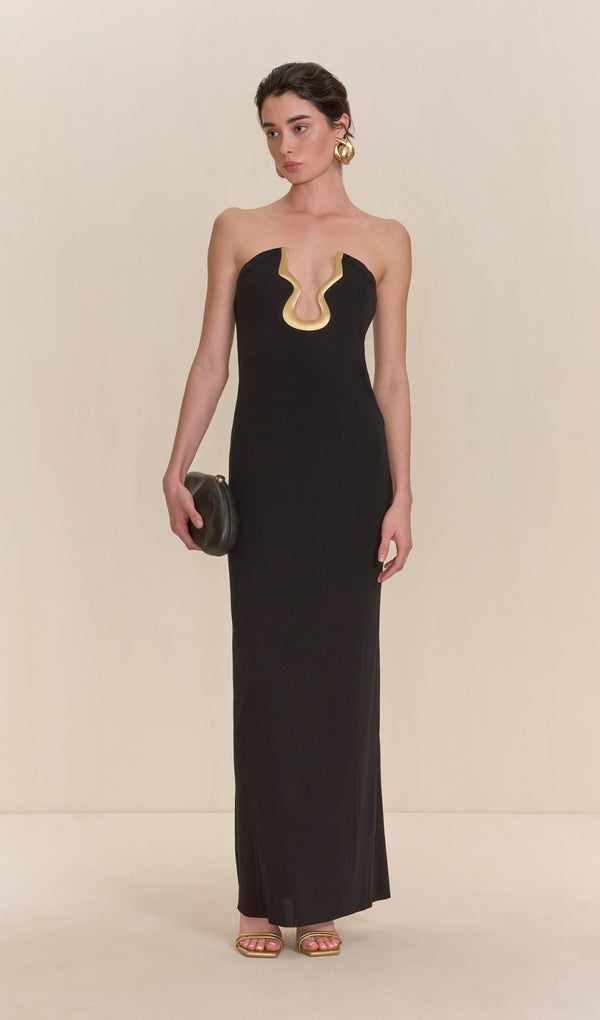 signature gold hardware cutout strapless column gown in black