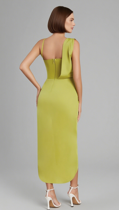 ASYMMETRIC DRAPED ONE - SHOULDER MIDI DRESS IN YELLOW