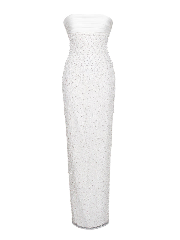 Lainey White Satin Sequin Pearls Beaded Maxi Dress