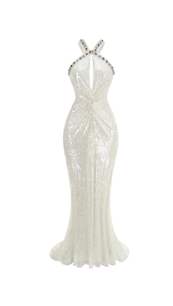 AIIZIE ELSA CRYSTAL EMBELLISHED SEQUIN MAXI DRESS IN WHITE - product image