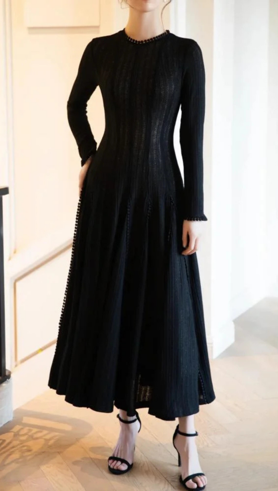 BLACK CROCHET LACE MAXI DRESS WITH SLEEVES