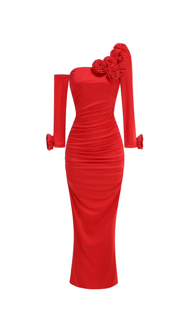 AIIZIE OFF-SHOULDER FLOWER EMBELLISHED GATHERED MAXI DRESS IN RED - product image